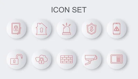 Set line Safe, Open padlock, Motion sensor, Security camera, Tablet with closed Stock Illustration