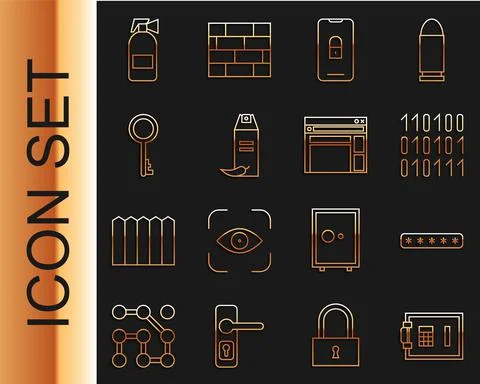 Set line Safe, Password protection, Binary code, Mobile with closed padlock Stock Illustration