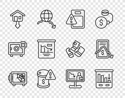 Set line Safe, Pie chart infographic, Global economic crisis, Drop crude oil Illustrazione stock