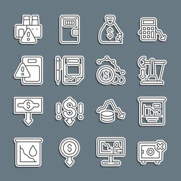 Set line Safe, Pie chart infographic, Drop crude oil price, Money bag, Contract Stockillustratie