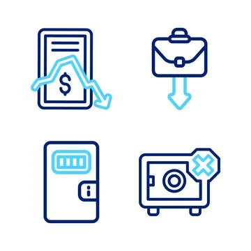 Set line Safe, Prison cell door, Briefcase and Mobile stock trading icon. Vector Illustrazione stock