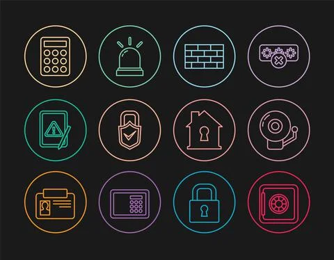 Set line Safe, Ringing alarm bell, Firewall, security wall, Lock and check mark Stock Illustration