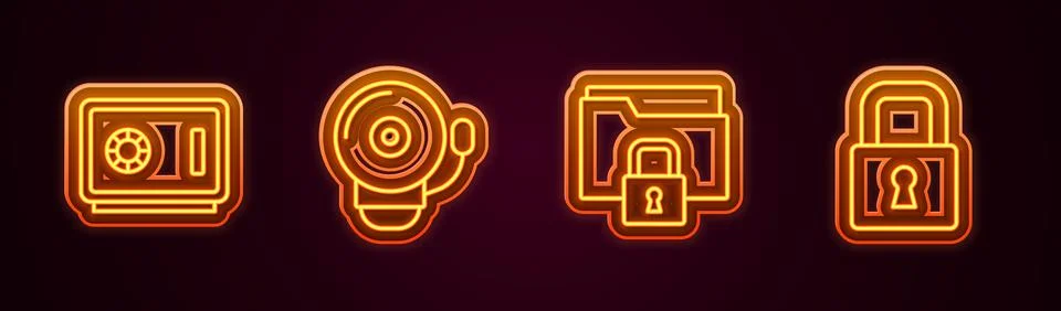 Set line Safe, Ringing alarm bell, Folder and lock and Lock. Glowing neon icon Stock Illustration