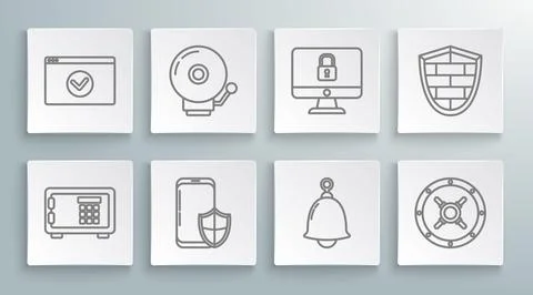 Set line Safe, Ringing alarm bell, Smartphone with security shield, Lock co.. 库存插图