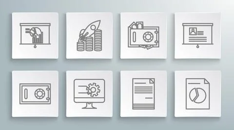 Set line Safe, Rocket flying up on coins growth chart, Computer monitor with Stock Illustration
