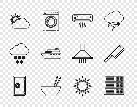 Set line Safe, Server, Data, Web Hosting, Air conditioner, Bowl with chopsticks Stock Illustration