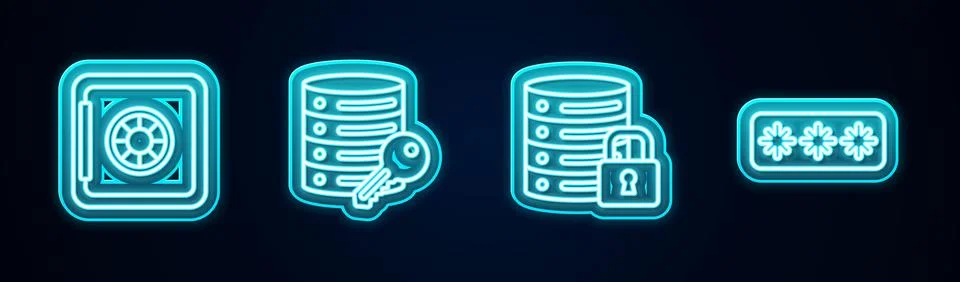 Set line Safe, Server security with key, lock and Password protection. Glow.. Stock Illustration