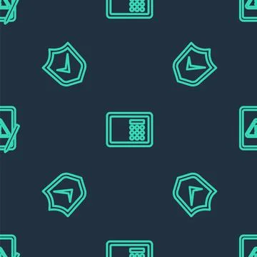 Set line Safe, Shield with check mark and Tablet exclamation on seamless pattern Stock Illustration
