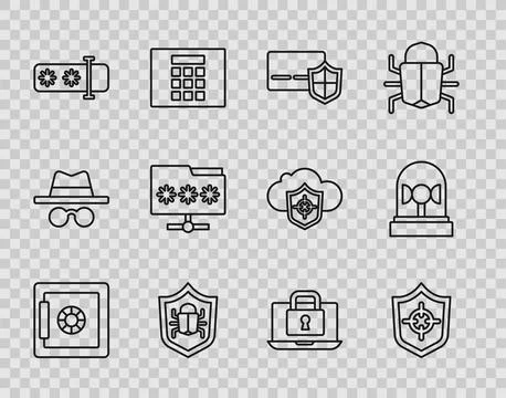 Set line Safe, Shield, Credit card with shield, System bug, Password protection 스톡 일러스트