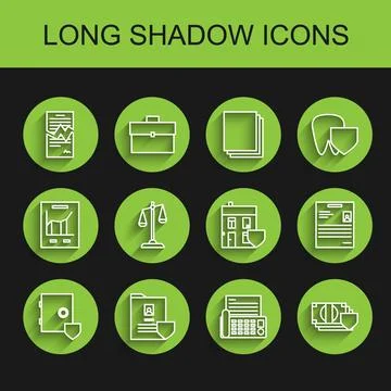 Set line Safe with shield, Document, Torn contract, Fax machine, Money, Scales Illustrazione stock