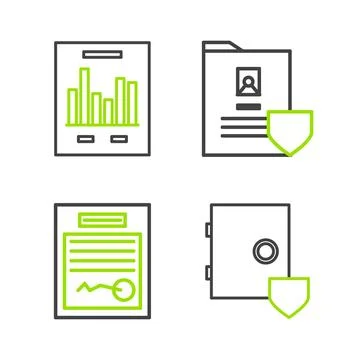 Set line Safe with shield, Filled form, Document and graph chart icon. Vector Stock Illustration