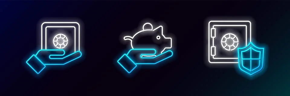 Set line Safe with shield, in hand and Piggy bank icon. Glowing neon. Vector Ilustración de archivo