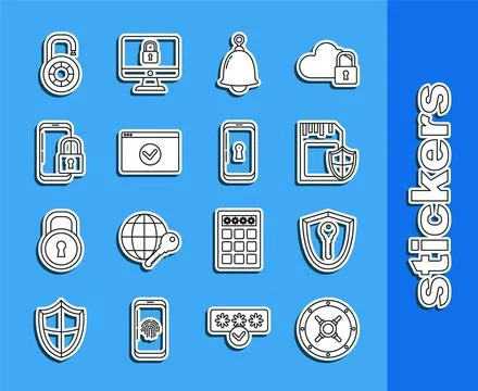 Set line Safe, Shield with key, SD card and shield, Ringing bell, Secure your 库存插图