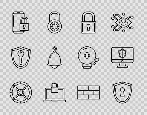 Set line Safe, Shield with keyhole, Lock, Laptop and lock, Smartphone closed Stock Illustration