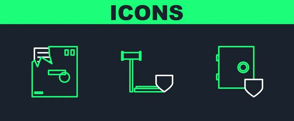 Set line Safe with shield, Ordered envelope and Judge gavel icon. Vector Illustrazione stock