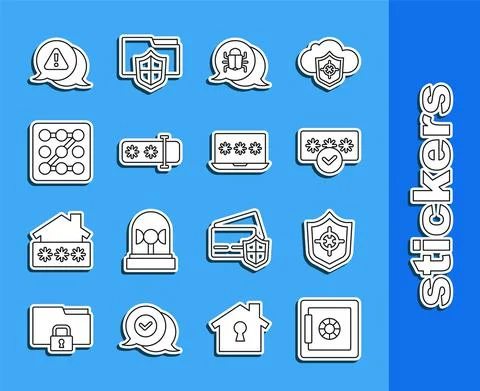 Set line Safe, Shield, Password protection, System bug, Graphic password Stock Illustration