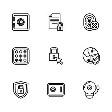 Set line Safe, Shield with world globe, Ringing alarm bell, Lock, Cancelled.. Stock Illustration