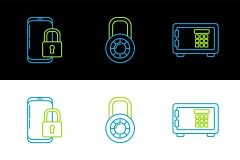 Set line Safe, Smartphone with closed padlock and combination wheel icon. V.. Stock Illustration