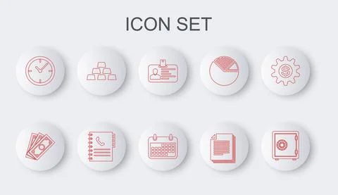 Set line Safe, Stacks paper money cash, Identification badge, Document, Clock 库存插图