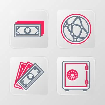 Set line Safe, Stacks paper money cash, Social network and icon. Vector Illustrazione stock