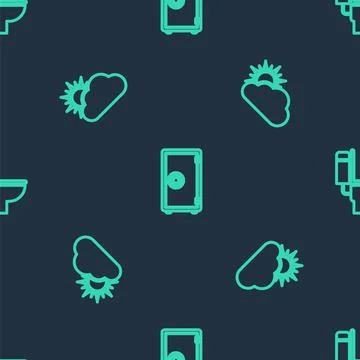 Set line Safe, Sun and cloud weather and Toilet bowl on seamless pattern. Vector Stock Illustration