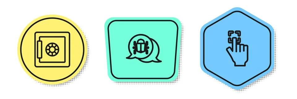 Set line Safe, System bug and Fingerprint. Colored shapes. Vector Stock Illustration