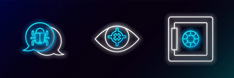 Set line Safe, System bug and Eye scan icon. Glowing neon. Vector Stock Illustration