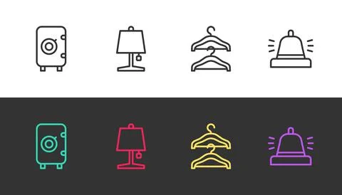 Set line Safe, Table lamp, Hanger wardrobe and Hotel service bell on black and Stock Illustration