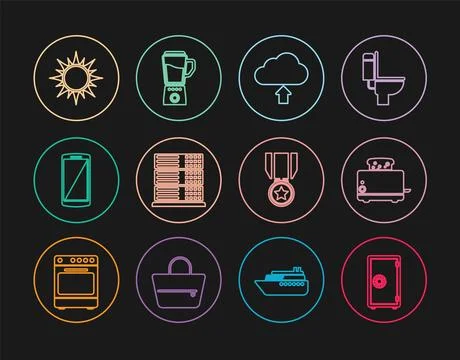 Set line Safe, Toaster with toasts, Cloud upload, Server, Data, Web Hosting Stock Illustration