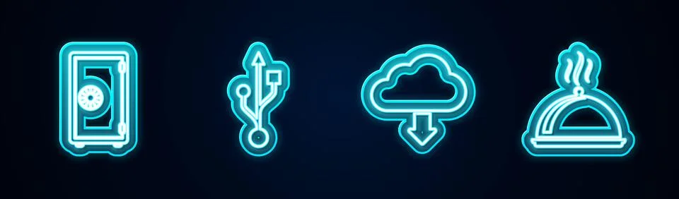 Set line Safe, USB, Cloud download and Covered with tray of food. Glowing neon Stock Illustration