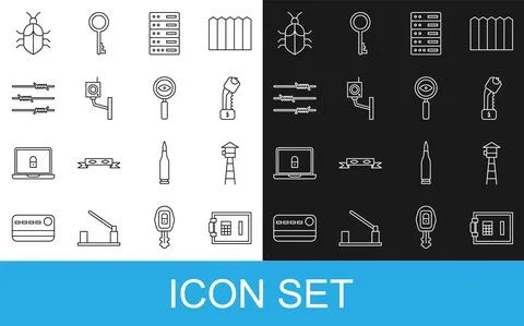 Set line Safe, Watch tower, Police electric shocker, Server, Data, Web Hosting Stock Illustration