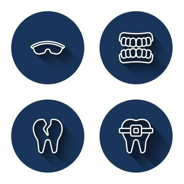 Set line Safety goggle glasses, Dentures model, Broken tooth and Teeth with Stock Illustration