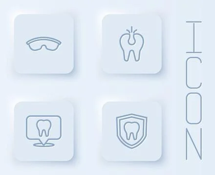 Set line Safety goggle glasses, Broken tooth, Dental clinic location and Stock Illustration