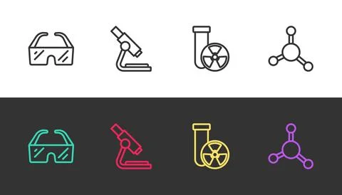 Set line Safety goggle glasses, Microscope, Test tube radiation and Molecule on Stock Illustration