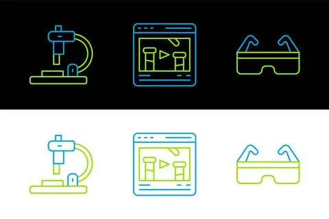 Set line Safety goggle glasses, Microscope and Chemical online icon. Vector Stock Illustration