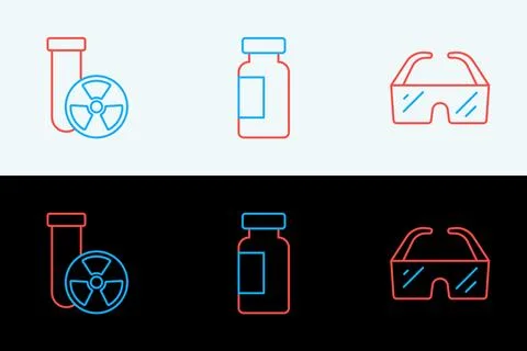Set line Safety goggle glasses, Test tube radiation and and flask icon. Vecto Stockillustratie