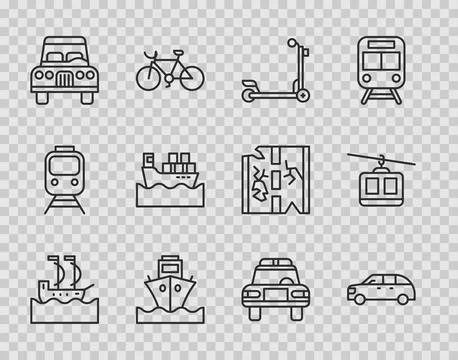 Set line Sailboat, Hatchback car, Scooter, Cargo ship, with boxes, Police and Stock Illustration