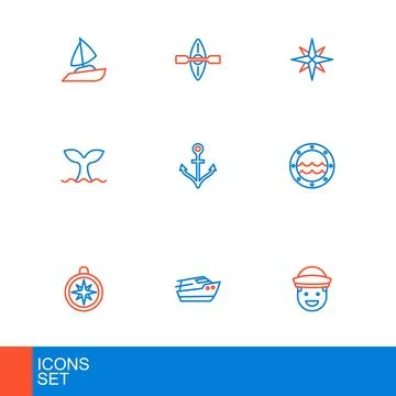 Set line Sailor, Speedboat, Compass, Ship porthole, Whale tail, Anchor, Win.. Illustration