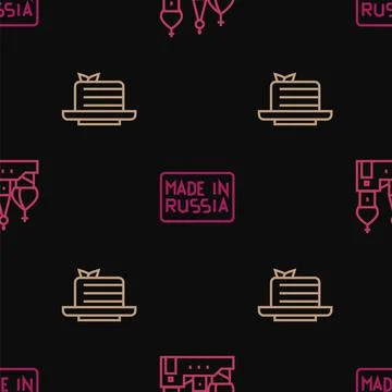 Set line Saint Basil's Cathedral, Medovik and Made Russia on seamless pattern Illustrazione stock