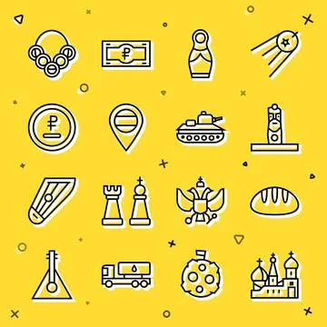 Set line Saint Basil's Cathedral, Bread loaf, Slavic pagan idol, Russian doll Stock Illustration