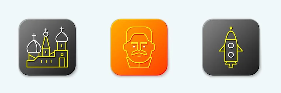 Set line Saint Basil's Cathedral, Joseph Stalin and Rocket ship icon. Vector Stock Illustration