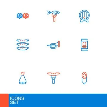 Set line Salami sausage, Sausage on the fork, Chicken leg, Beer can, Trumpe.. イラスト素材