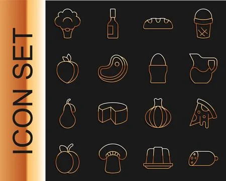 Set line Salami sausage, Slice of pizza, Jug glass with milk, Bread loaf, S.. 스톡 일러스트