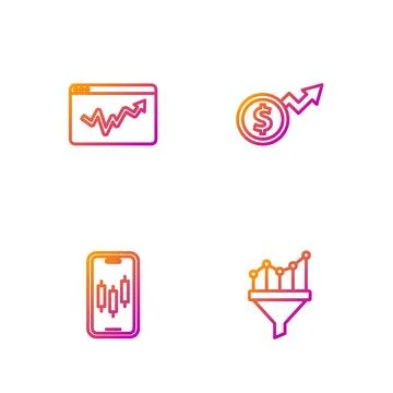 Set line Sales funnel with chart, Mobile stock trading, Graph infographic and Stock Illustration