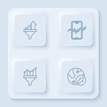Set line Sales funnel with chart, Mobile stock trading, and Financial growth Illustrazione stock