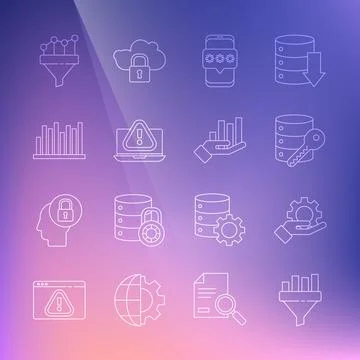 Set line Sales funnel with chart, Hand settings gear, Server security key Illustrazione stock