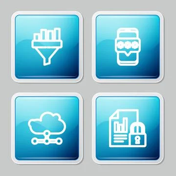 Set line Sales funnel with chart, Mobile and password, Network cloud connection Stock Illustration
