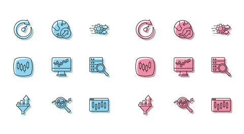 Set line Sales funnel with chart, Search data analysis, Digital speed meter Stock Illustration