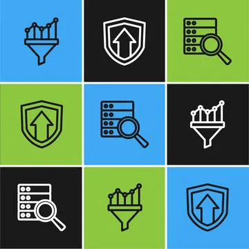Set line Sales funnel with chart, Server and Financial growth icon. Vector Stock Illustration