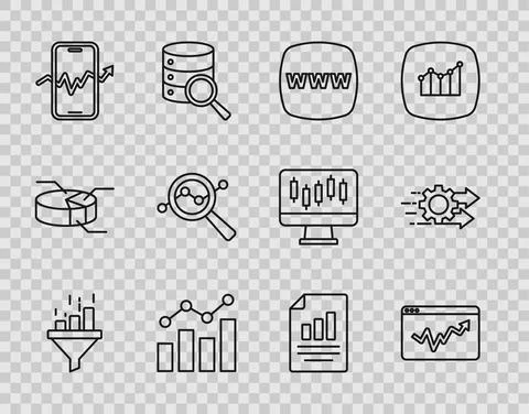 Set line Sales funnel with chart, Graph infographic, Website template, Financial Stock Illustration